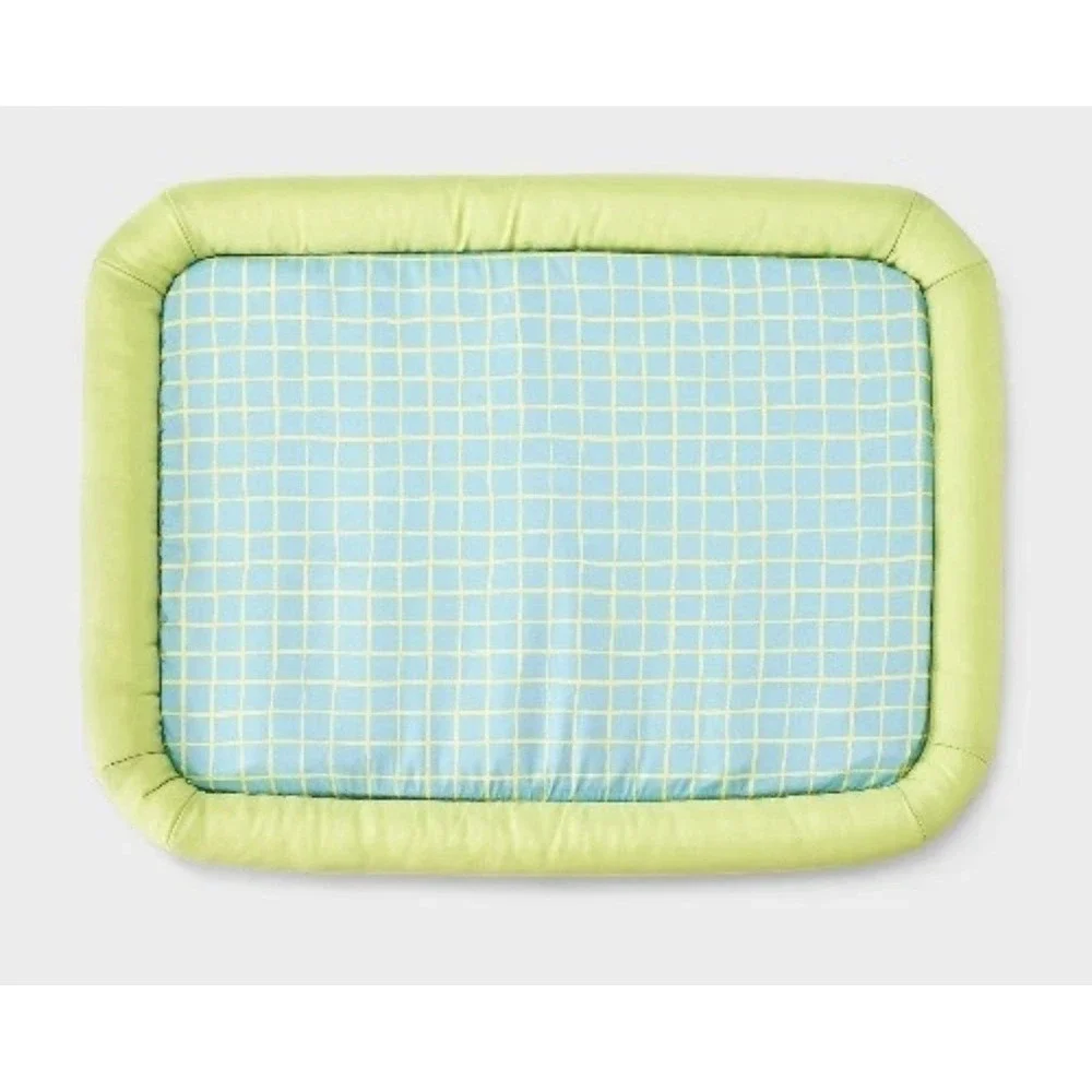 Boots and Barkley Cooling Dog Bolster Bed Green Blue Grid S/M Mat
